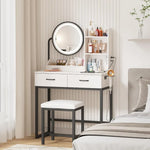 Compact Vanity Desk with Round LED Mirror, Storage & Charging Ports