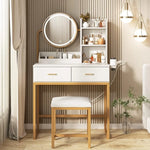 Compact Vanity Desk with Round LED Mirror, Storage & Charging Ports