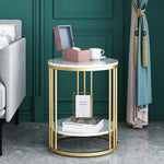 2-Tier White Marble Side Table – Round Coffee Table with Gold Frame, Jewelry Storage