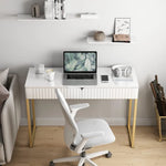 Modern White Vanity Desk with Wave Carved Drawers, Gold or Silver Legs, and Glossy Finish