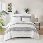 3-Piece Cotton Top Comforter Set with Tufted Chenille Jacquard Stripes - Modern Neutral Bedding