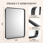 Modern Matte Black Bathroom Mirror - Rounded Corner Rectangle with Shatterproof Tempered Glass