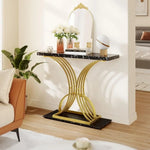 Elegant Gold Console Table – Faux Marble Top with Geometric Base for Modern Living Spaces