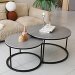 Modern Nesting Round Coffee Table Set with Grey Sintered Stone Top and Metal Legs