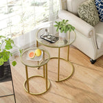 Modern Nesting Coffee Table Set of 2 – Gold Tempered Glass Side Tables with Metal Frame