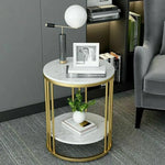 2-Tier White Marble Side Table – Round Coffee Table with Gold Frame, Jewelry Storage