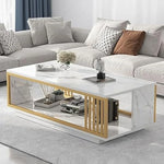 Modern 2-Tier Faux Marble Coffee Table – White with Gold Iron Frame, Rectangular Design