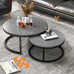 Modern Nesting Round Coffee Table Set with Grey Sintered Stone Top and Metal Legs