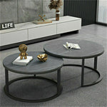 Modern Nesting Round Coffee Table Set with Grey Sintered Stone Top and Metal Legs