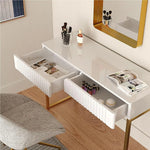 Modern White Vanity Desk with Wave Carved Drawers, Gold or Silver Legs, and Glossy Finish