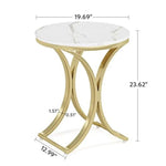 Contemporary Round Marble Side Table with Gold Metal C Legs – 19.7” Modern Bedside Coffee Table