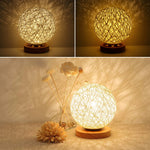 LED Table Lamp with Twine Weaving and Solid Wood Base – USB Charged