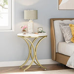 Contemporary Round Marble Side Table with Gold Metal C Legs – 19.7” Modern Bedside Coffee Table