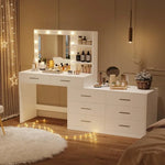 Adjustable Vanity Desk with 3-Color Lighted Mirror, 8 Drawers & Side Storage Shelf