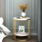 2-Tier White Marble Side Table – Round Coffee Table with Gold Frame, Jewelry Storage