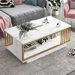 Modern 2-Tier Faux Marble Coffee Table – White with Gold Iron Frame, Rectangular Design