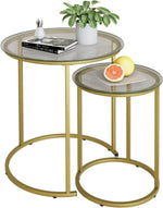 Modern Nesting Coffee Table Set of 2 – Gold Tempered Glass Side Tables with Metal Frame