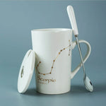 Ceramic Mug with Spoon & Lid - Black and Gold Zodiac Porcelain Cup