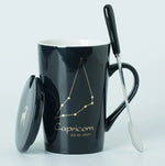 Ceramic Mug with Spoon & Lid - Black and Gold Zodiac Porcelain Cup