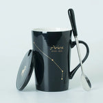 Ceramic Mug with Spoon & Lid - Black and Gold Zodiac Porcelain Cup