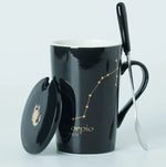 Ceramic Mug with Spoon & Lid - Black and Gold Zodiac Porcelain Cup