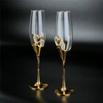 Elegant Golden Crystal Champagne Glasses - 200ml Double Heart Design