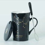 Ceramic Mug with Spoon & Lid - Black and Gold Zodiac Porcelain Cup