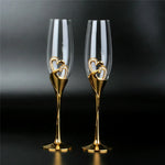 Elegant Golden Crystal Champagne Glasses - 200ml Double Heart Design