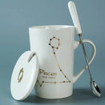 Ceramic Mug with Spoon & Lid - Black and Gold Zodiac Porcelain Cup