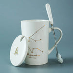 Ceramic Mug with Spoon & Lid - Black and Gold Zodiac Porcelain Cup