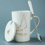 Ceramic Mug with Spoon & Lid - Black and Gold Zodiac Porcelain Cup