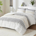 3-Piece Cotton Top Comforter Set with Tufted Chenille Jacquard Stripes - Modern Neutral Bedding