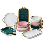 Nordic Ceramic Tableware Set - Versatile Breakfast, Salad, and Dessert Bowls with Chic Stripes