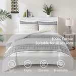 3-Piece Cotton Top Comforter Set with Tufted Chenille Jacquard Stripes - Modern Neutral Bedding