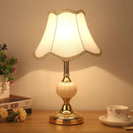 European Style Retro Glass Desk Lamp – Classic Wrought Iron Bedside Lamp with Fabric Shade