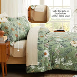 7-Piece Green Butterfly Floral Comforter Set – All Season Microfiber Bedding with Flowers & Leaves Pattern