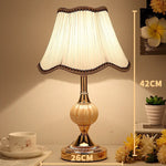 European Style Retro Glass Desk Lamp – Classic Wrought Iron Bedside Lamp with Fabric Shade