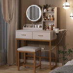 Compact Vanity Desk with Round LED Mirror, Storage & Charging Ports