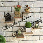 Retro Staircase Wall-Mounted Plant and Flower Shelf – Antique Wooden Decorative Frame