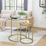 Modern Nesting Coffee Table Set of 2 – Gold Tempered Glass Side Tables with Metal Frame