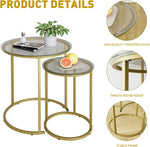 Modern Nesting Coffee Table Set of 2 – Gold Tempered Glass Side Tables with Metal Frame