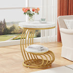 Gold Round End Table with Faux Marble Top – 2-Tier White Gold Nightstand