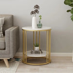 2-Tier White Marble Side Table – Round Coffee Table with Gold Frame, Jewelry Storage