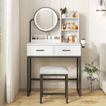 Compact Vanity Desk with Round LED Mirror, Storage & Charging Ports