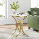 Contemporary Round Marble Side Table with Gold Metal C Legs – 19.7” Modern Bedside Coffee Table