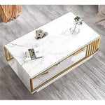 Modern 2-Tier Faux Marble Coffee Table – White with Gold Iron Frame, Rectangular Design