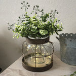 Rustic Glass Lantern Vase with Faux Greenery and Lights