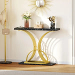 Elegant Gold Console Table – Faux Marble Top with Geometric Base for Modern Living Spaces